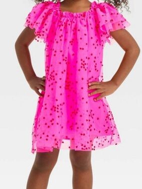 NWOT Cat & Jack Girls Hot Pink heart Chiffon Dress Valentine’s Day sz 5